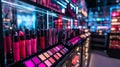 A vibrant makeup display counter featuring bold lipsticks and palettes. digital Royalty Free Stock Photo