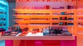 A vibrant makeup display counter featuring bold lipsticks and palettes. digital Royalty Free Stock Photo