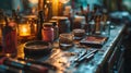 Vibrant makeup tools on a wooden counter