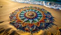 Vibrant Mandala Art Made of Microplastics on a Sandy Beach Royalty Free Stock Photo