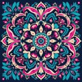 A vibrant mandala print, featuring dark turquoise, light pink, intricate borders, hand-colored, and full of color. Generative AI