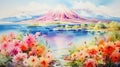 Vibrant Manga Style Watercolor: Volcano, Paros Island, And Bright Flowers