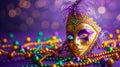 Vibrant Mardi Gras Mask and Beads Celebration. Generative ai