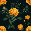 Vibrant marigold flower blooms seamless pattern in top view, perfect for textiles and backgrounds