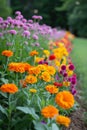 Vibrant marigolds and nasturtiums, providing a colorful border and natural pest control