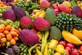 In the vibrant marketplace, a colorful array of exotic tropical fruits awaits, their unique shapes and textures a feast