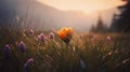 Vibrant Meadow With Crocus Flowers At Sunrise In The Style Of Michal Karcz And Felicia Simion