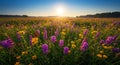 A vibrant meadow featuring a stunning array of wildflowers under a clear blue sky.
