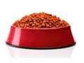 Vibrant Mealtime: Isolated Dry Cat Food in a Red Bowl on White Background