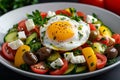 A vibrant Mediterranean salad with fresh vegetables, feta cheese, olives, and a perfectly cooked sunny-side-up egg on top