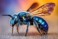 A vibrant metallic blue bee with translucent wings standing on a textured surface against a colorful gradient background featuring Royalty Free Stock Photo