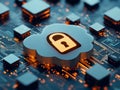 Vibrant metallic cloud with a secure padlock embedded in a futuristic digital matrix, symbolizing advanced encryption, secure n