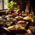 Vibrant Mexican Feast: Colorful Traditional Food and Drinks on Rustic Wooden Table