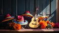 Vibrant Mexican Fiesta: Colorful Sombreros and Maracas on Rustic Table