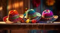 Vibrant Mexican Fiesta: Colorful Sombreros and Maracas on Rustic Table