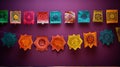 Vibrant Mexican Paper Garland: Intricate Woodcut Design On Purple Wall