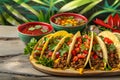 Vibrant Mexican Tacos with Ground Beef, Fresh Vegetables, Salsa Tortilla Chips on Wooden Table with Tropical Background Royalty Free Stock Photo