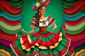 Vibrant Mexican Woman in Traditional Carnival Outfit on Solid Color Studio Background. Celebrating Cinco de Mayo
