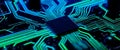 Close-up view of a glowing microchip surrounded by intricate circuit patterns illuminated in blue and green hues