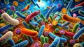A vibrant microscopic view of diverse rod-shaped bacteria in a complex ecosystem, showcasing their varied colors and textures. Royalty Free Stock Photo