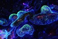Vibrant microscopic view of glowing microorganisms in a dark environment Royalty Free Stock Photo