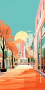 Vibrant Mid-century Urban City Illustration With Colorful Sidewalk Scenes