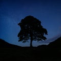 Vibrant Milky Way composite image over landscape of Sycamore Gap