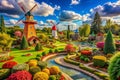 A Vibrant Mini Golf Adventure Panoramic Views of a Colorful Course with Windmills and Challenging Obstacles Royalty Free Stock Photo