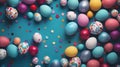 Colorful Celebration: Assorted Balloons and Confetti on Teal Background