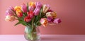 Vibrant Mixed Tulip Bouquet in a Clear Glass Vase on Pink Background