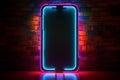 Vibrant mobile phone neon symbol adorns brick wall, exuding modern communication charm.