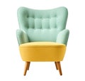 Vibrant, modern armchair with mint green upholstery and mustard yellow seat, set on tapered wooden legs. Lounge chair