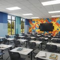 Vibrant modern classroom with colorful mural and smart board ready for learning Royalty Free Stock Photo