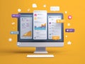 A vibrant, modern flat lay image of a computer monitor with multiple open windows displaying analytics data and social media icons Royalty Free Stock Photo