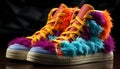 A vibrant, modern sports shoe in multi colored leather generated by AI
