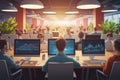 Modern Tech Startup Office with Dynamic Data Trends and Minimalist Design Illustration