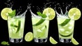 A vibrant mojito cocktail splashes against a dark backdrop, showcasing refreshing mint and lime in a stunning visual display Royalty Free Stock Photo