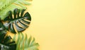 Vibrant monstera leaves on a bright yellow background. Created by AI