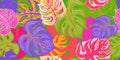 Vibrant monstera leaves seamless pattern. Acid tropical background. Neon foliage backdrop