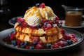 Vibrant morning: golden waffles, fresh fruits and ice cream melting in harmony., generative IA