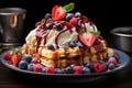 Vibrant morning: golden waffles, fresh fruits and ice cream melting in harmony., generative IA