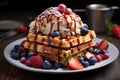 Vibrant morning: golden waffles, fresh fruits and ice cream melting in harmony., generative IA