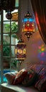 Vibrant Moroccan Lanterns in Bohemian Decor. Colorful Moroccan lanterns cast a beautiful patterned glow, complementing the