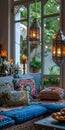 Vibrant Moroccan Lanterns in Bohemian Decor. Colorful Moroccan lanterns cast a beautiful patterned glow, complementing the