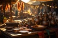 Vibrant Moroccan Market Stall: Colorful Textiles, Rugs, and Pottery