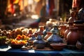 Vibrant Moroccan Market Stall: Colorful Textiles, Rugs, and Pottery
