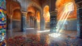 Vibrant moroccan riad interior with zellige tilework and sunlit mosaic in wide angle photograph