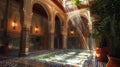 Vibrant moroccan riad with zellige tilework and colorful mosaic in wide angle photo