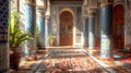 Vibrant moroccan riad zellige tilework in sunlight, colorful mosaic, detailed architectural beauty