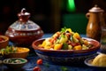 A vibrant Moroccan tagine served with couscous, mediterranean food life style Authentic